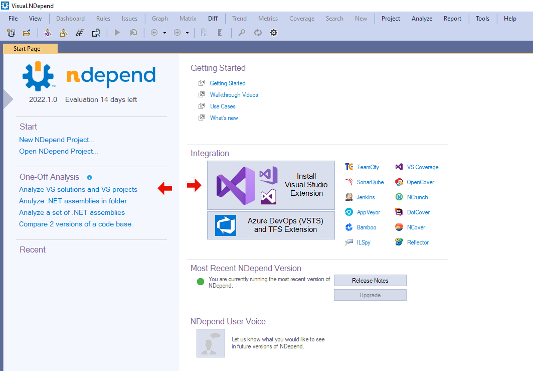 Visual NDepend home screen